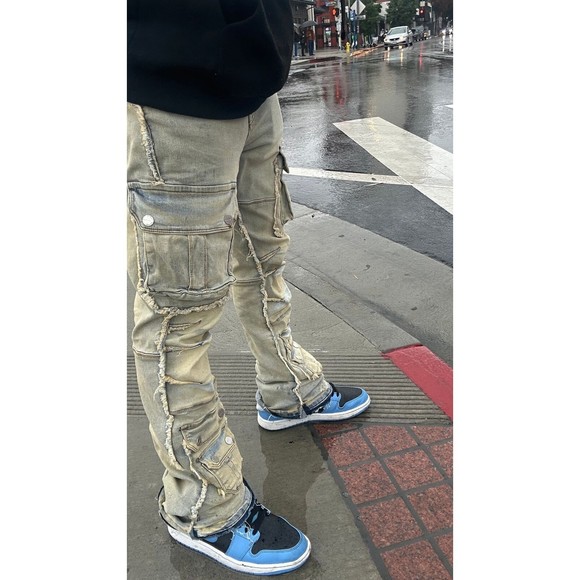 Men Stacked Jeans Multi Cargo Pockets Denim Pants on - Picture 13 of 14